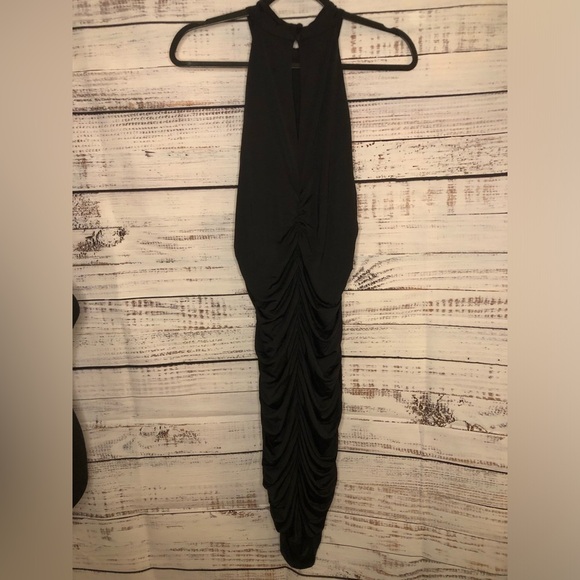 Mock neck Ruched Black Mini Dress - Picture 10 of 16